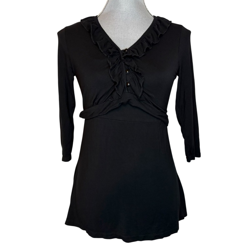Maternity/Nursing Black Ruffled 3/4 Sleeve Top